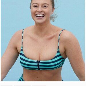 Aerie navy blue & teal striped zipper bikini top